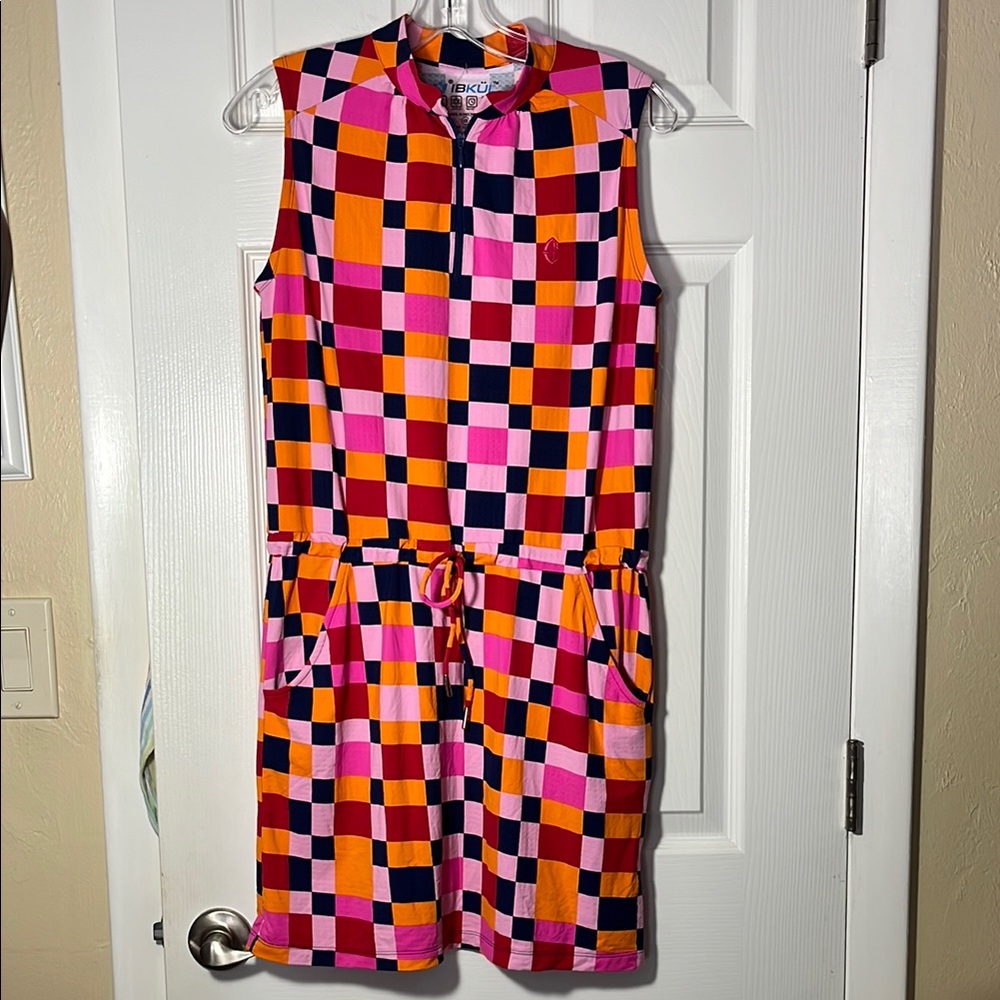 Ikbul Annalise drawstring golf dress moisture wicking pinkpurple checker pkts xs